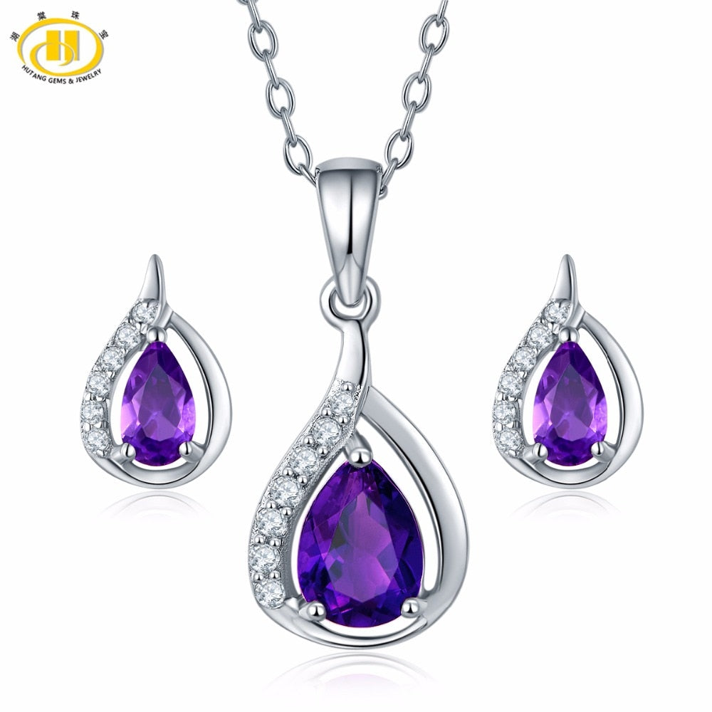 Hutang 1.1ct Pendant & Earrings Natural Gemstone Amethyst Solid 925 Sterling Silver Fine Bridal Jewelry Sets For Women's Gift