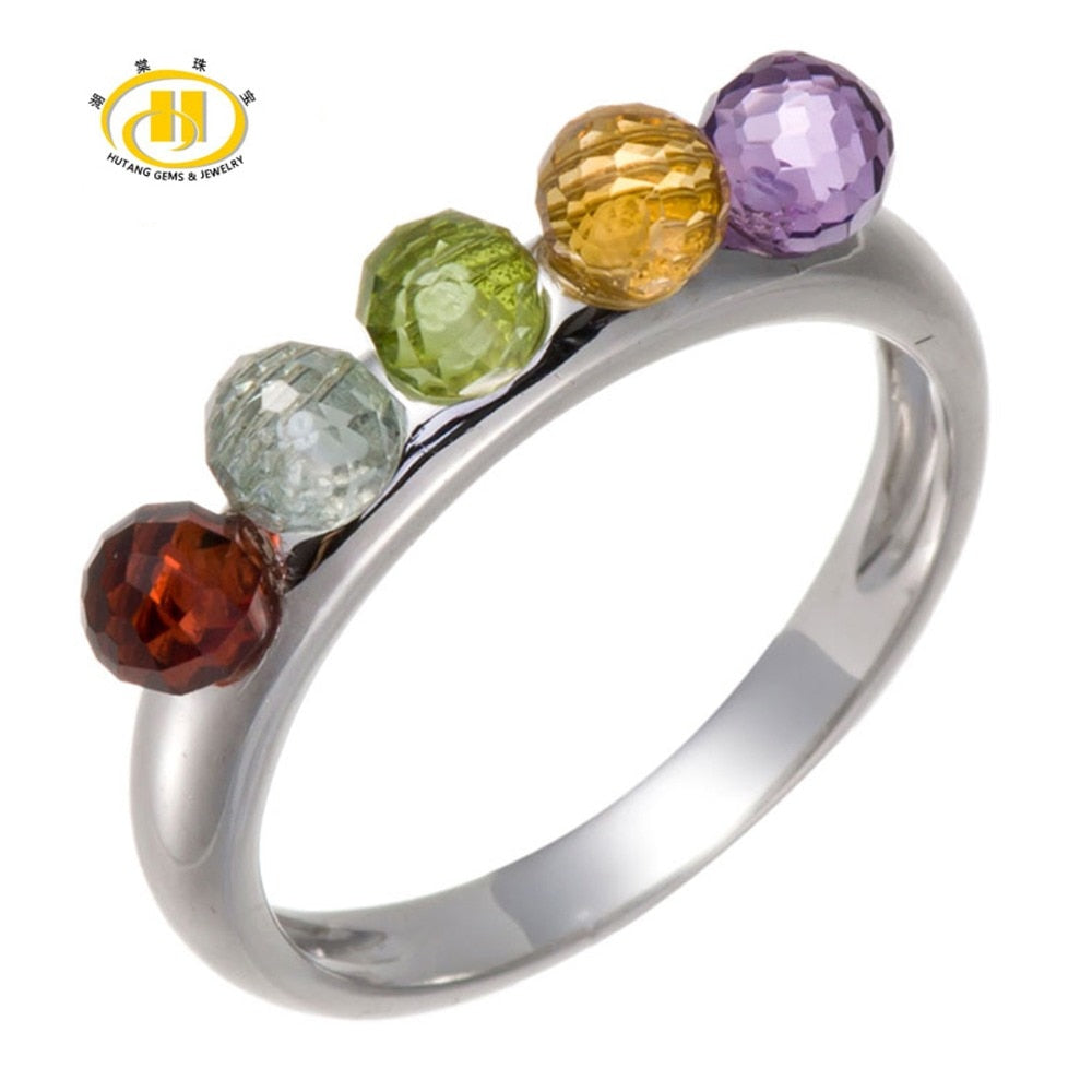 Hutang 100% Multi Color Gemstones Beads 5-Stone Solid 925 Sterling Silver Ring Fine Jewelry Unique Design For Women Wedding