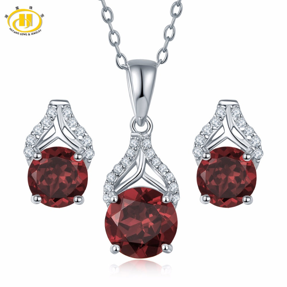 Hutang 3.85ct Pendant & Earrings Natural Gemstone Garnet Solid 925 Sterling Silver Fine Bridal Jewelry Sets For Women's Gift