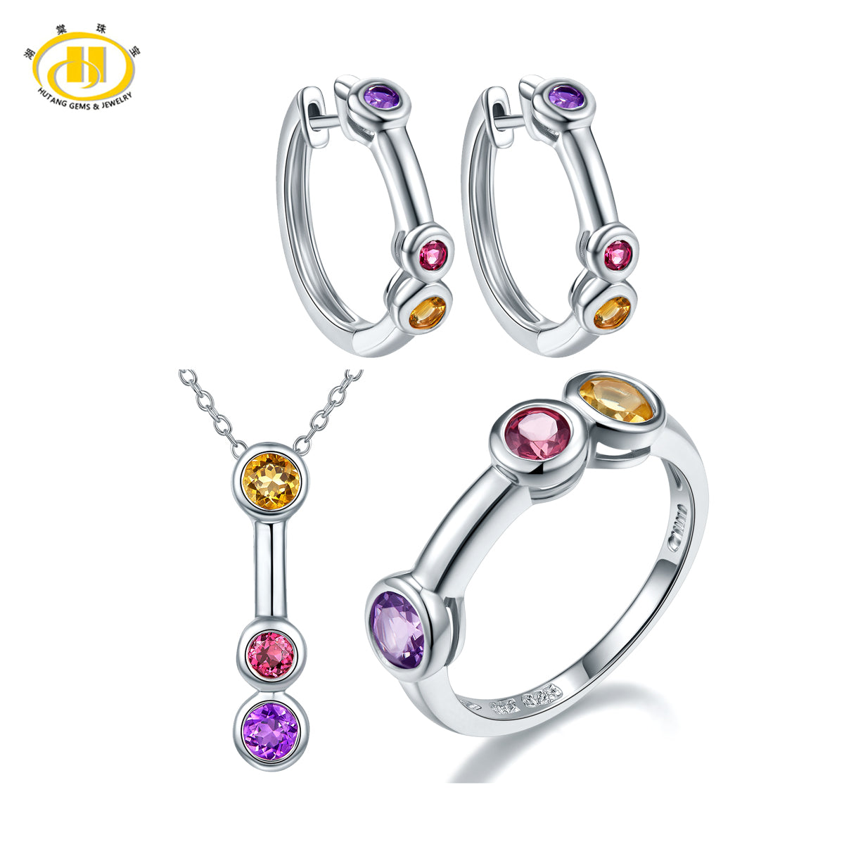 Hutang 3-stone Classic Multi-color Gemstone Jewelry Sets for Women Solid 925 Sterling Silver Ring Pendant Earrings Stylish Style
