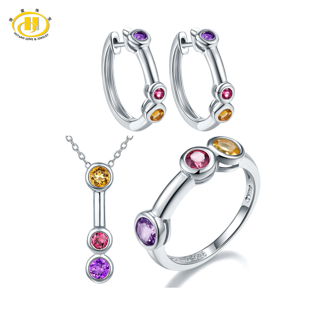 Hutang 3-stone Classic Multi-color Gemstone Jewelry Sets for Women Solid 925 Sterling Silver Ring Pendant Earrings Stylish Style