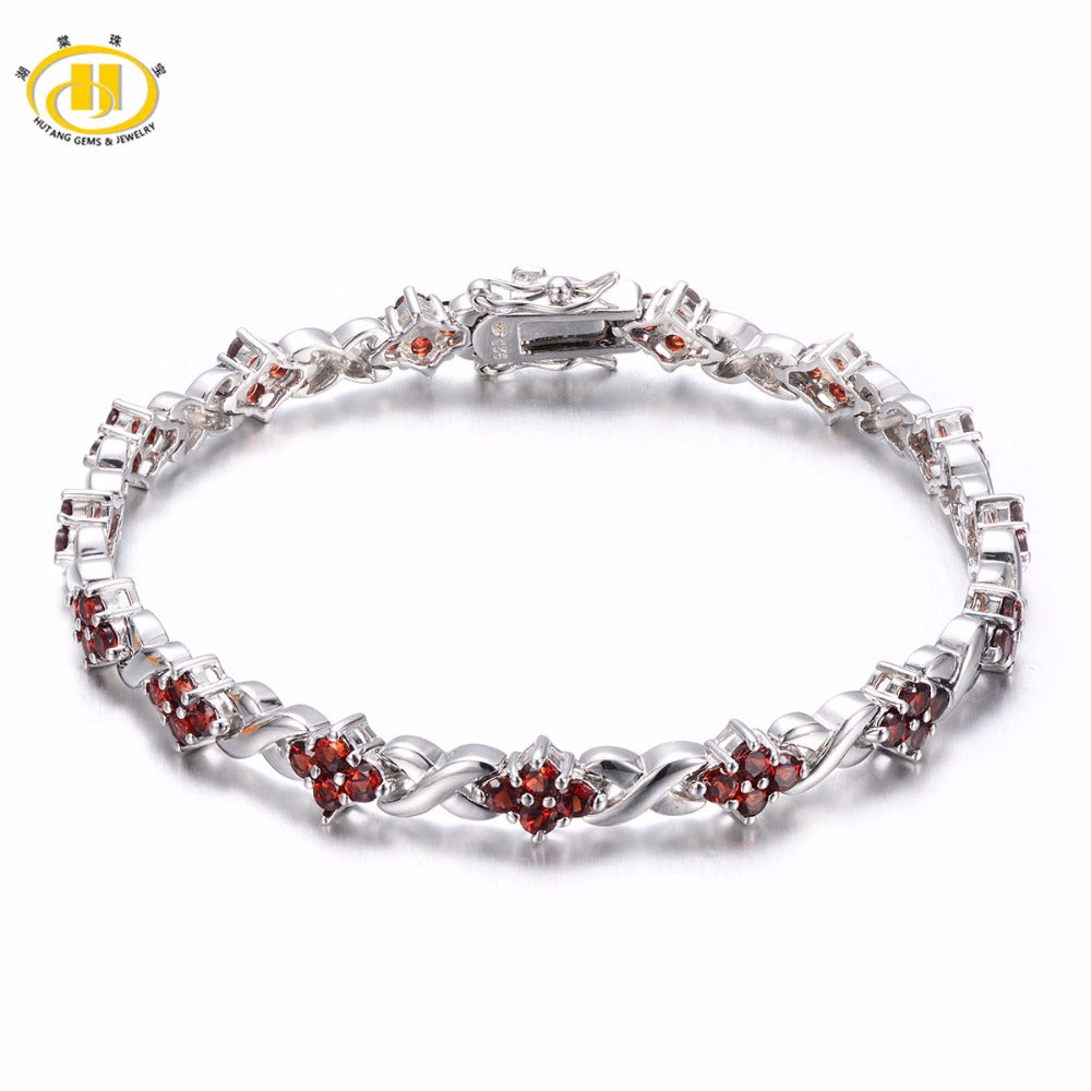 Hutang 5.04Ct Natural Gemstone Garnet Solid 925 Sterling Silver Link Bracelet Fine Jewelry For Women's Gift 8.0 Inches
