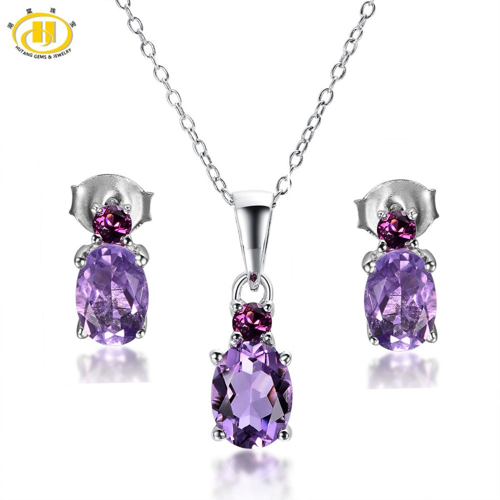 Hutang 925 Sterling Silver Jewelry Sets Natural Amethyst Necklaces Rings for Women Rhodolite Garnet Gemstone Collar Ring Set