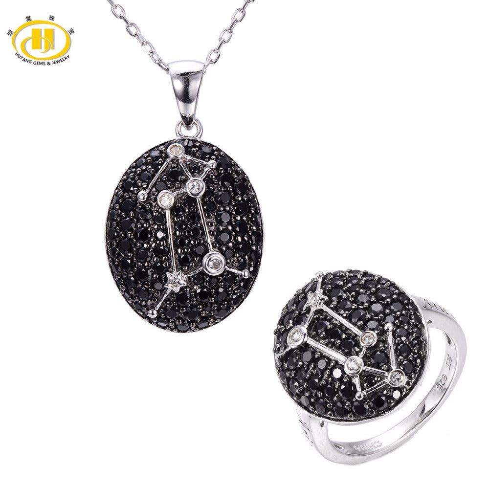 Hutang Aries Black Spinel Pendant & Ring Solid 925 Sterling Silver Sign Fine Jewelry Sets For Women 21th March Until 22th April