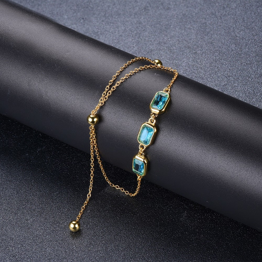 Hutang Blue Topaz CZ 925 Sterling Silver Link Bracelets Yellow Gold Color Gemstone Fine Jewelry Adjustable Bracelet for Women's