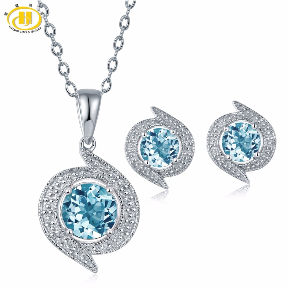 Hutang Climate Pendant Earrings Natural Gemstone Sky Blue Topaz Solid 925 Sterling Silver Fine Bridal Jewelry Sets For Gift NEW