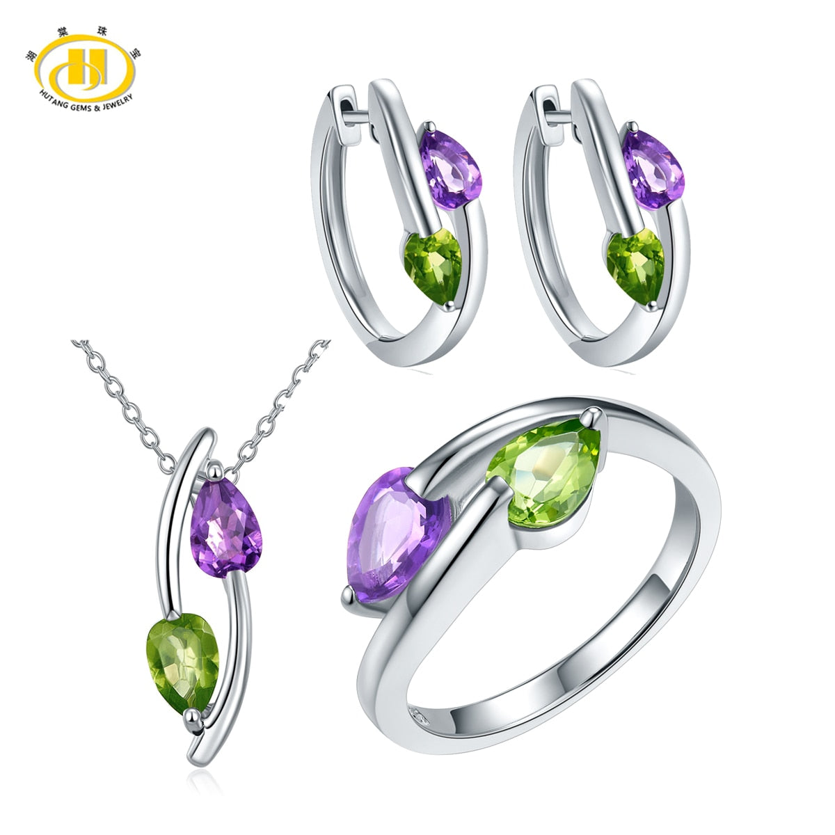 Hutang Cute Natural Peridot & Amethyst Jewelry Sets for Women Solid 925 Sterling Silver Gemstone Jewelry Pendant Ring Earrings