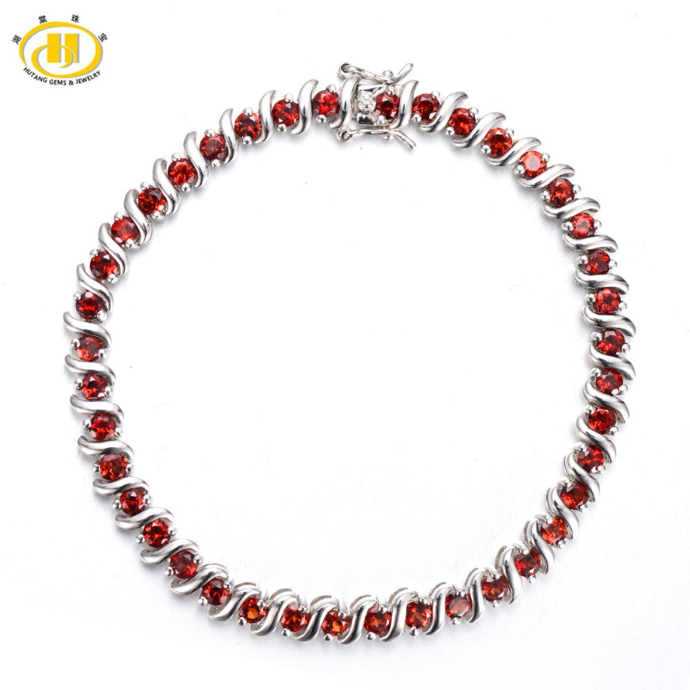 Hutang Diamond-Jewelry Natural Garnet Bracelet Women Fine Solid 925 Sterling Silver S Chain Bracelets & Bangles Birthd Gift
