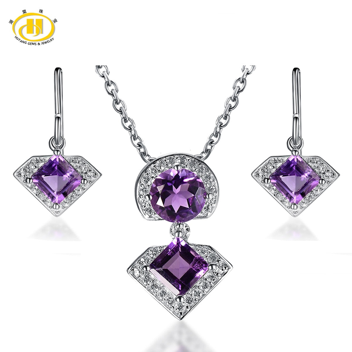 Hutang Diamond-Jewelry Sets Geometric Amethyst Stone Maxi Necklaces & Pendants Earrings for Women Fine 925 Silver Choker Earing