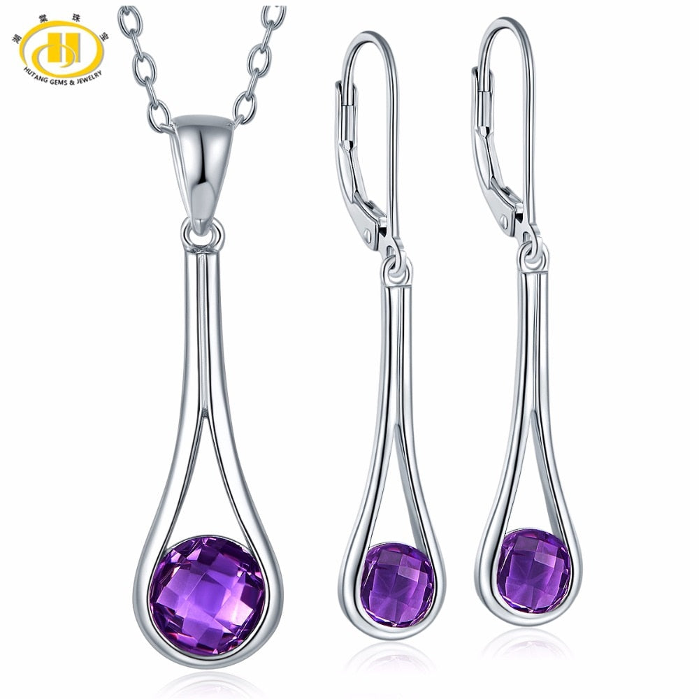 Hutang Drop Pendant & Earrings Made With Natural Gemstone Amethyst Solid 925 Sterling Silver Fine Bridal Jewelry Sets For Gift