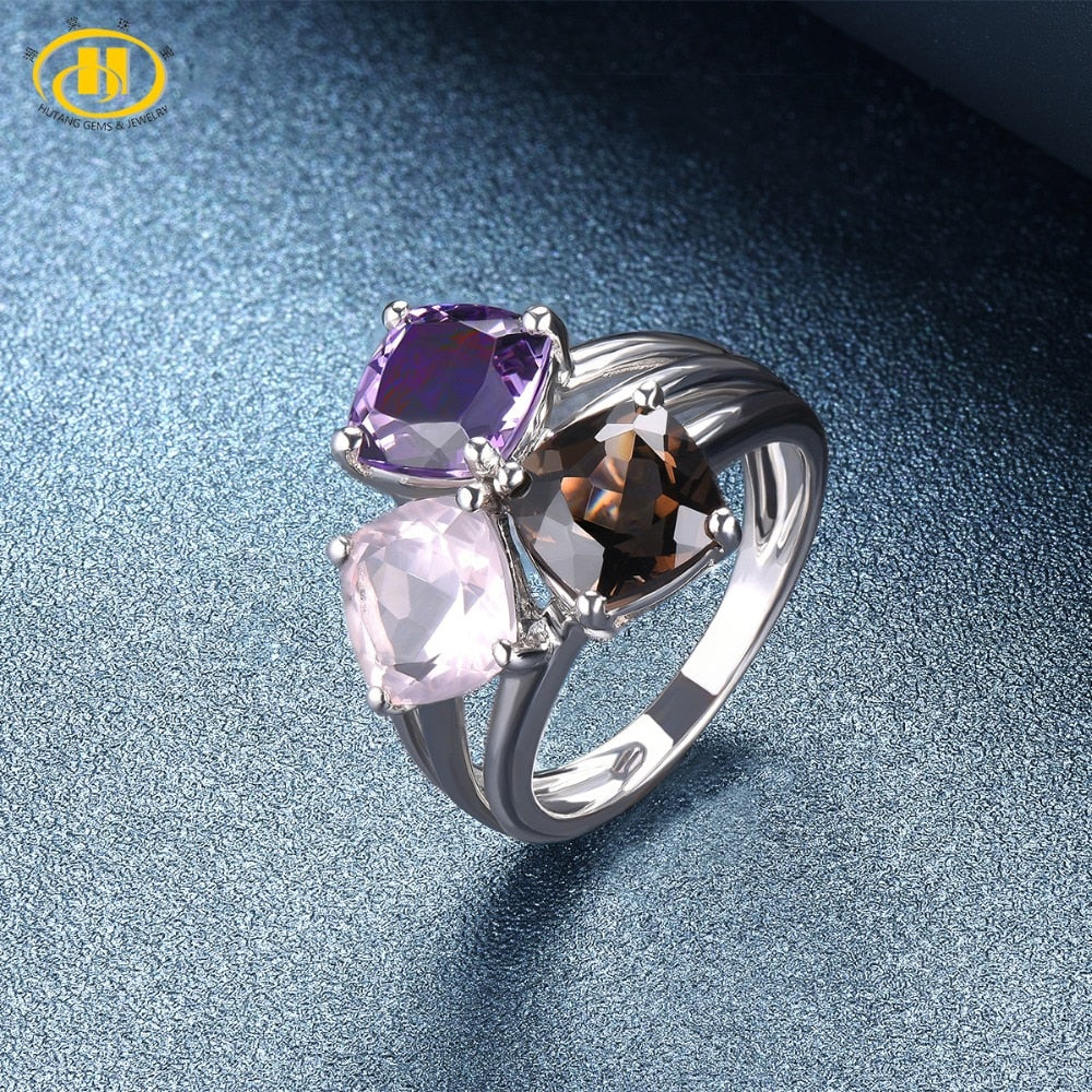Hutang Engagement Ring Natural Amethyst Rose Quartz Smoky Quartz Solid 925 Sterling Silver Fine Fashion Stone Jewelry For Gift