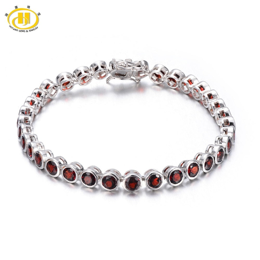 Hutang Fashion 11.9Ct Natural Garnet Link Bracelet Solid 925 Sterling Silver women's Round Gemstone Bezel Set Fine Jewelry 7.0