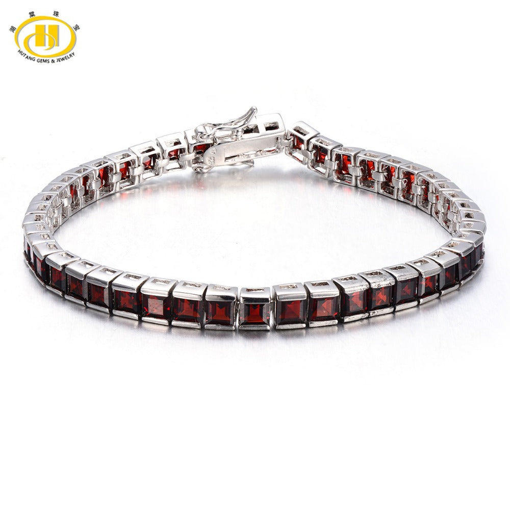 Hutang Fashion 21.6Ct Natural Garnet Link Bracelet Solid 925 Sterling Silver Women's Real Gemstone Bracelet Fine Jewelry Gift