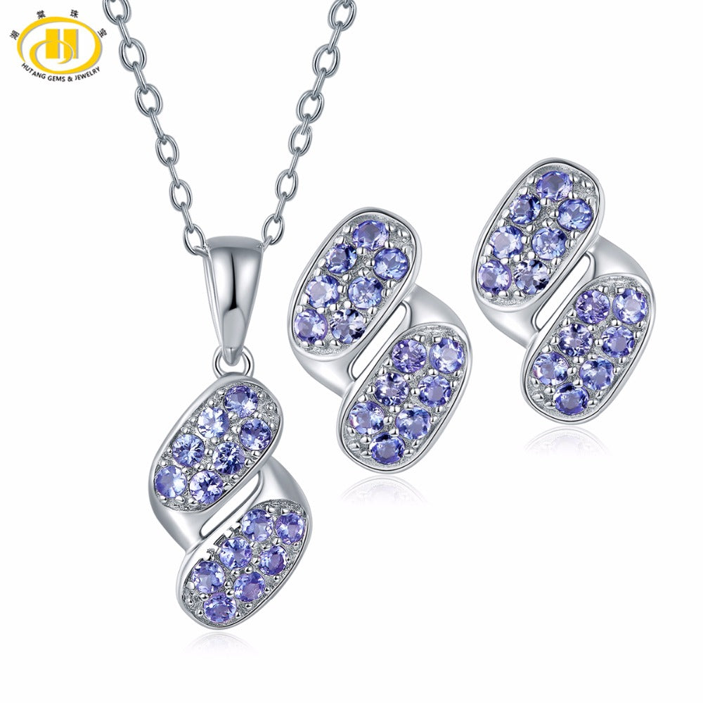 Hutang Jewerly Sets Eternity Pendant & Earrings Made By Natural Gemstone Tanzanite Solid 925 Sterling Silver Fine Stone Jewelry