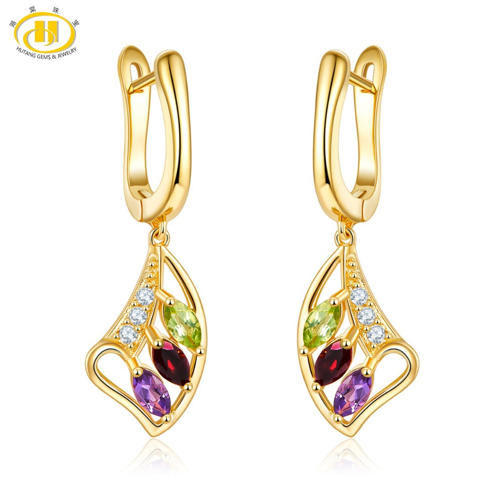 Hutang Multi Gemstone Amethyst Garnet Yellow Gold Clip Earrings Solid 925 Sterling Silver Fine Fashion Natural Stone Jewelry New