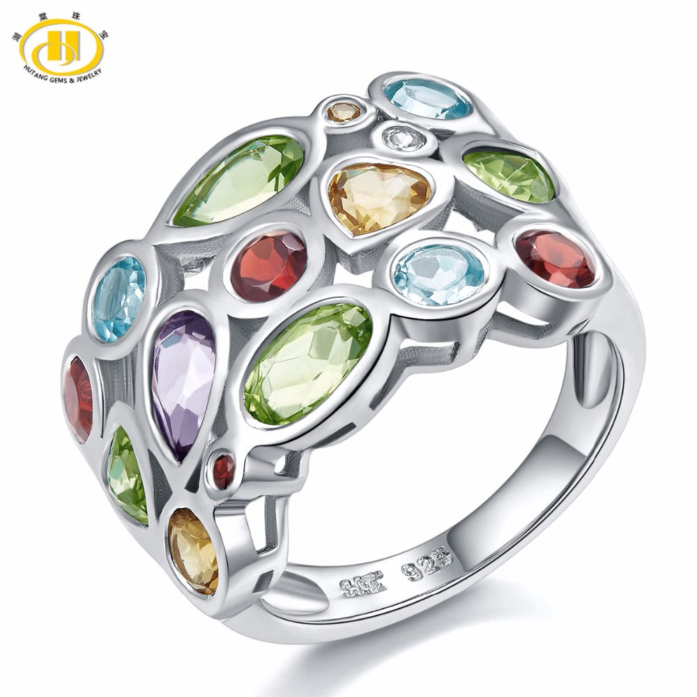 Hutang Multi Gemstone Jewelry Genuine Topaz Garnet Citrine Solid 925 Sterling Silver Cluster Ring For Women Fine Jewelry Gift