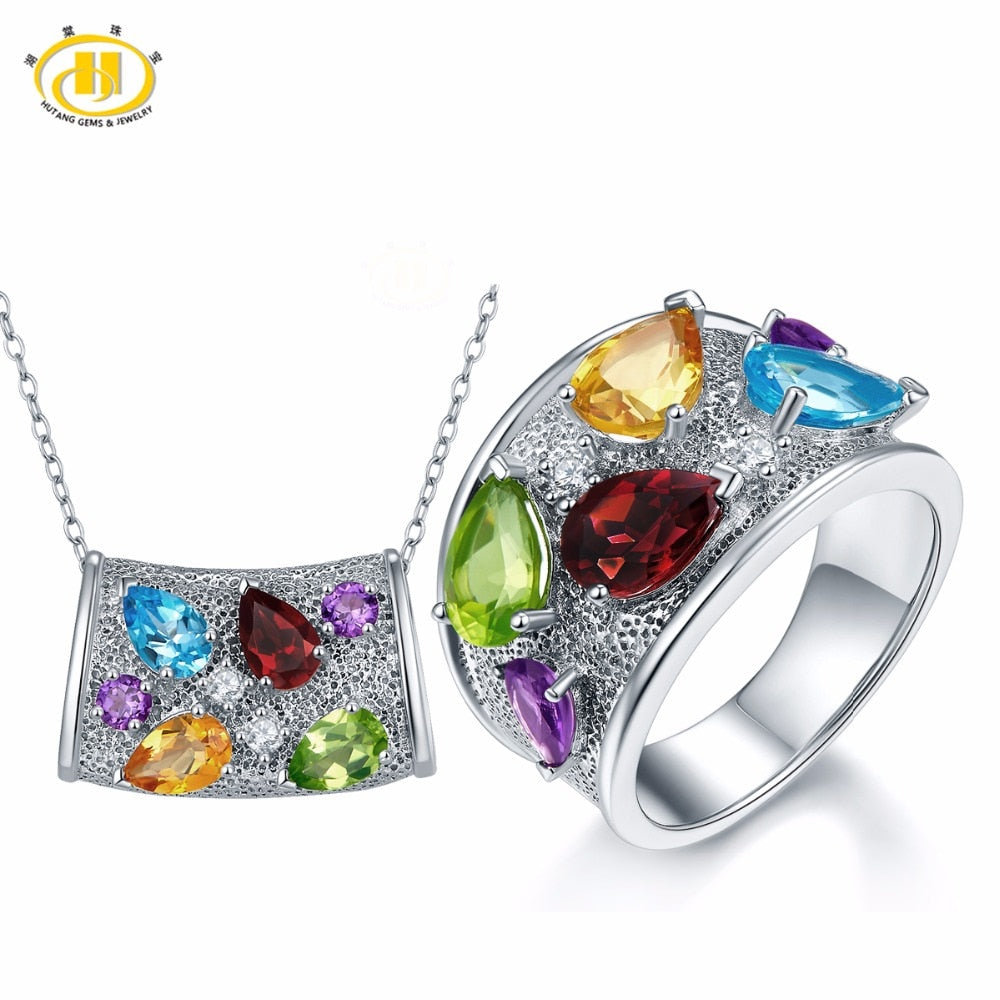 Hutang Multi Stone Pendant Ring Jewelry Sets Natural Gemstone Rhodolite Garnet Citrine Topaz Amethyst Peridot Fine Fashion Gift