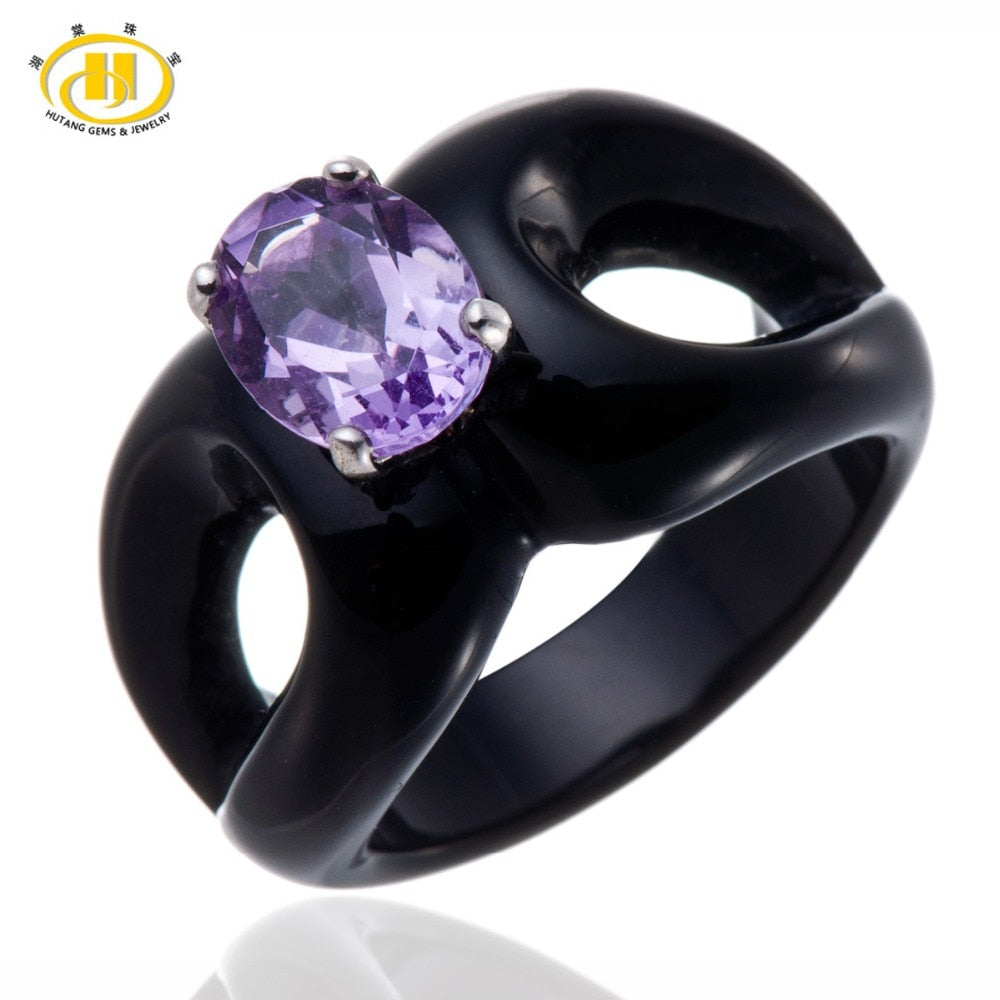 Hutang Natural Amethyst Black Aagte Band Ring Unique Design Fine Jewelry 925-sterling-silver HuTang