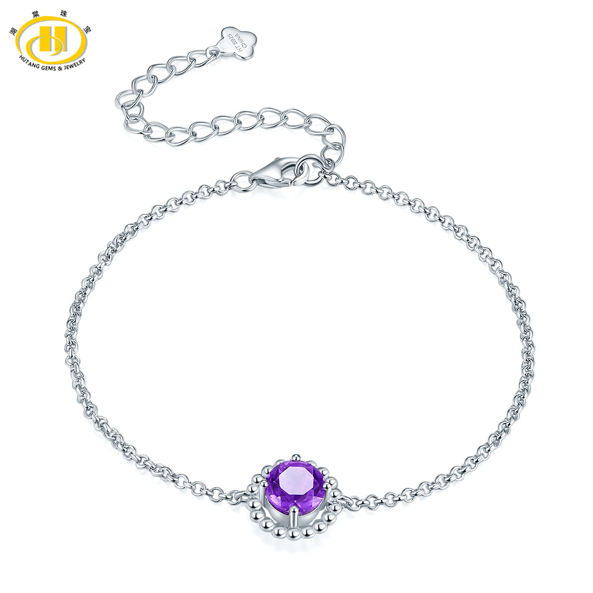Hutang Natural Amethyst Link Bracelet Solid 925 Sterling Silver Gemstone Fine Jewelry for Women Girl Christmas Gift 6.5+2