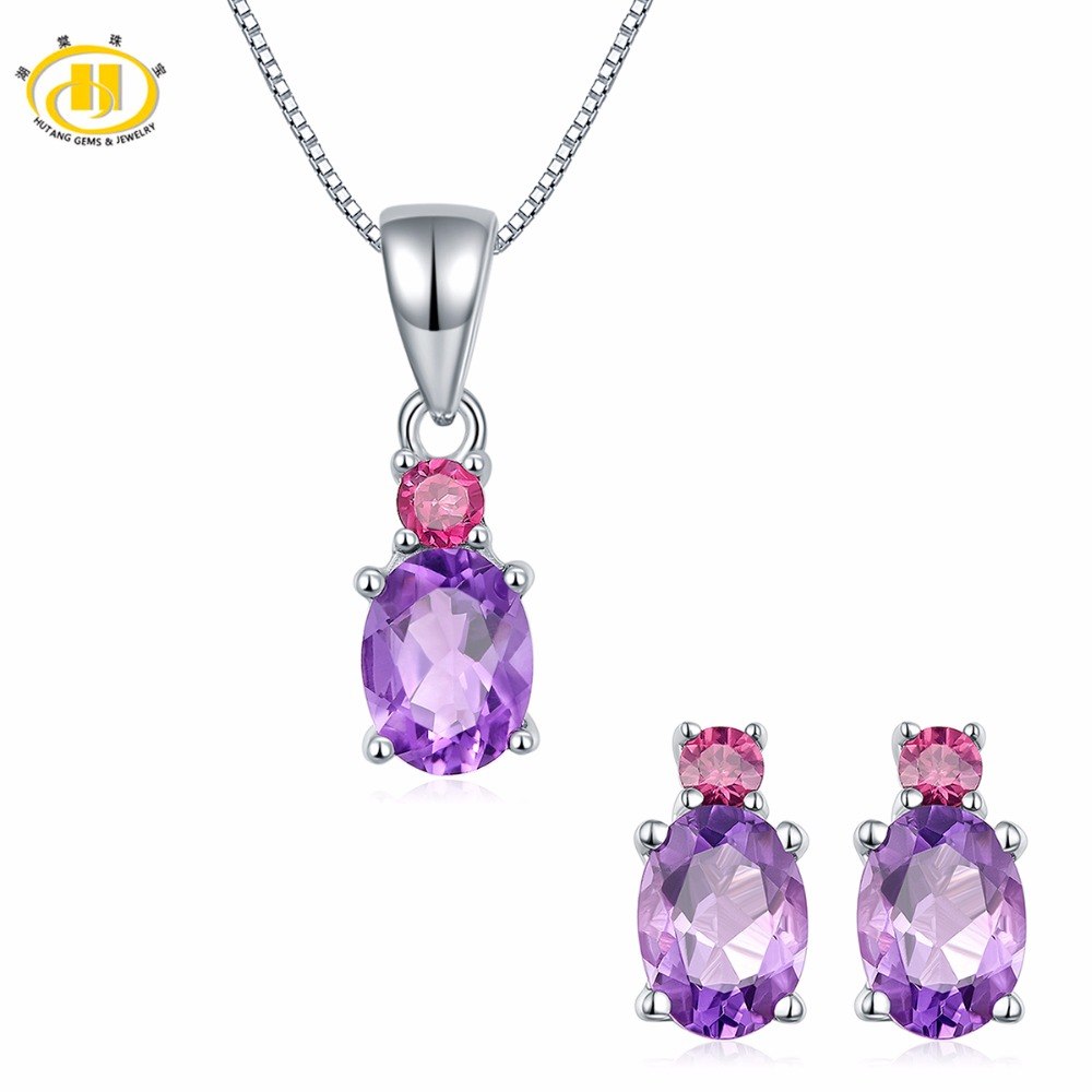 Hutang Natural Amethyst & Rhodolite Garnet Solid 925 Sterling Silver Gemstone Bridal Jewelry Sets Earrings & Pendant Women Gift