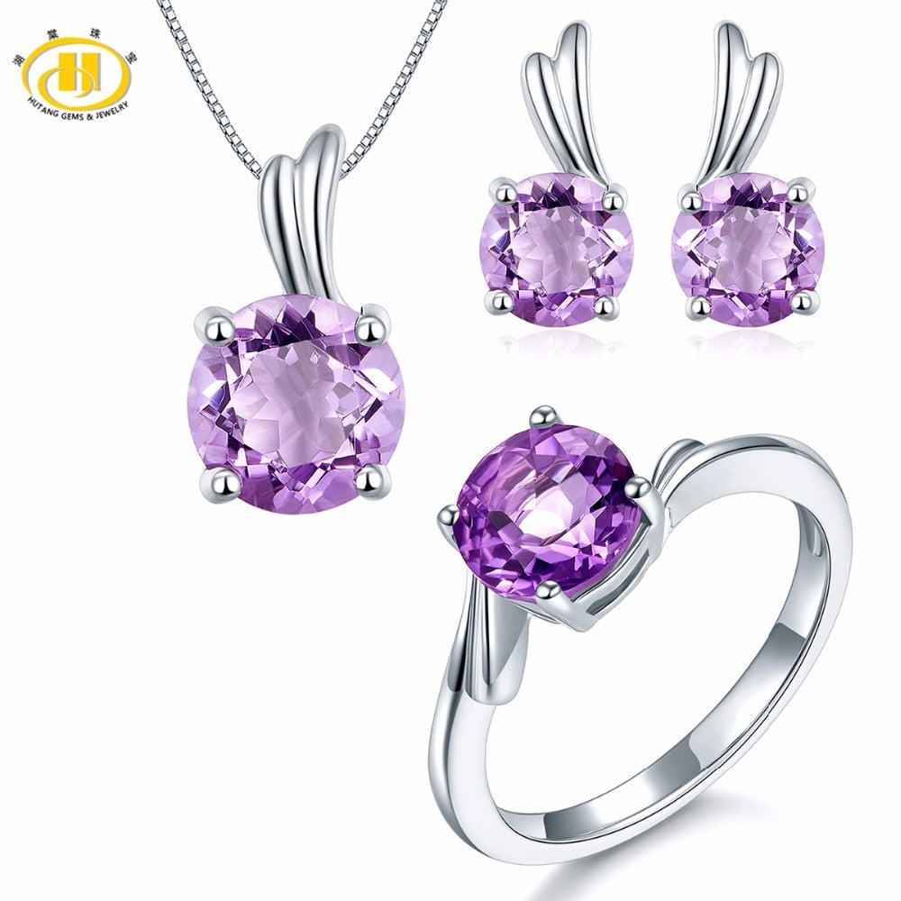 Hutang Natural Amethyst Solid 925 Sterling Silver Bridal Jewelry Sets Wing Ring & Pendant & Earrings Fine Jewelry Women's Gift