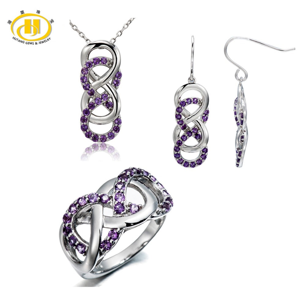 Hutang Natural Amethyst Solid 925 Sterling Silver Jewelry Sets Infinite Ring & Pendant & Earrings Fine Jewelry Women For Gift