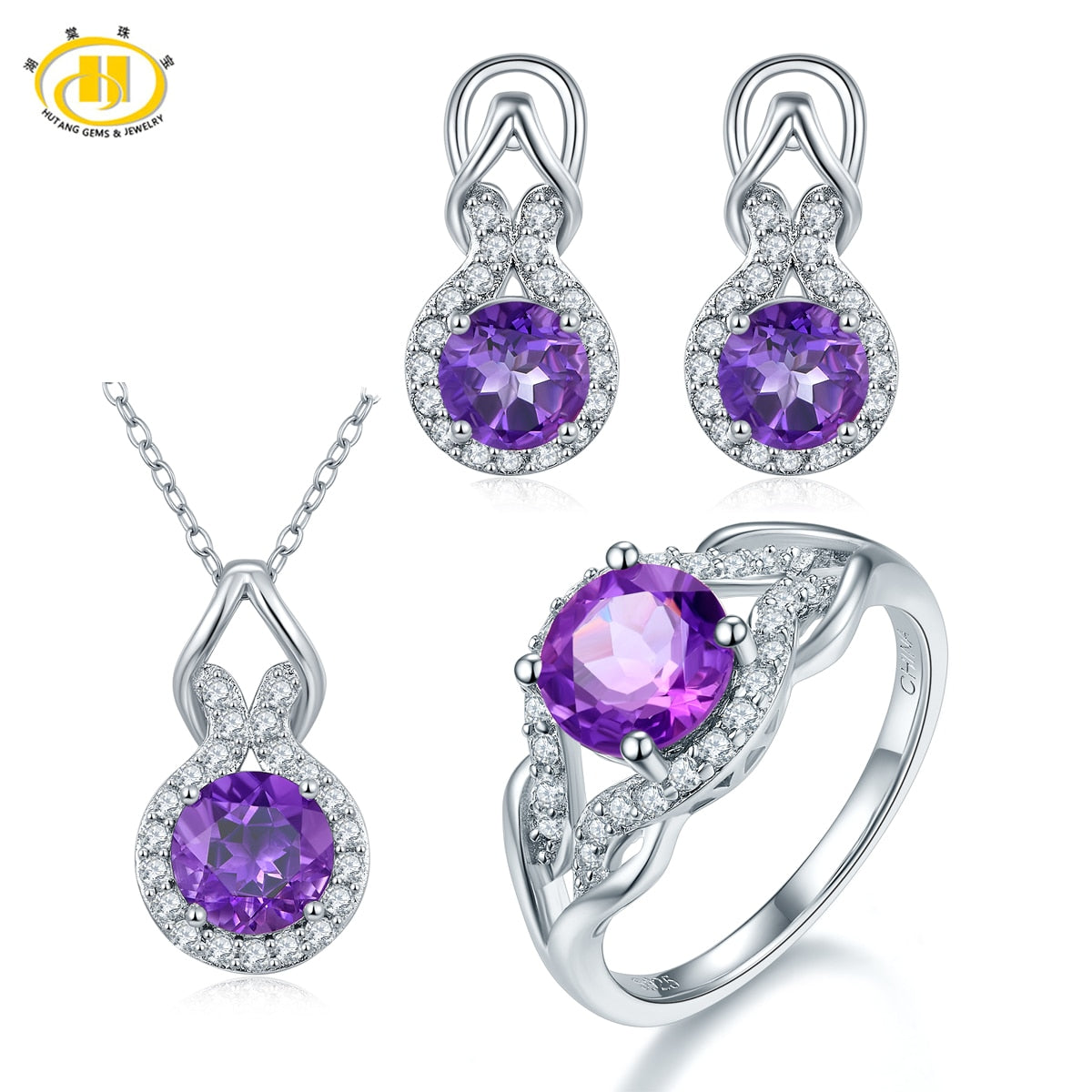Hutang Natural Amethyst Solid 925 Sterling Silver Jewerly Sets Earrings Pendant Ring Gemstone Fine Jewelry High Quality 2020