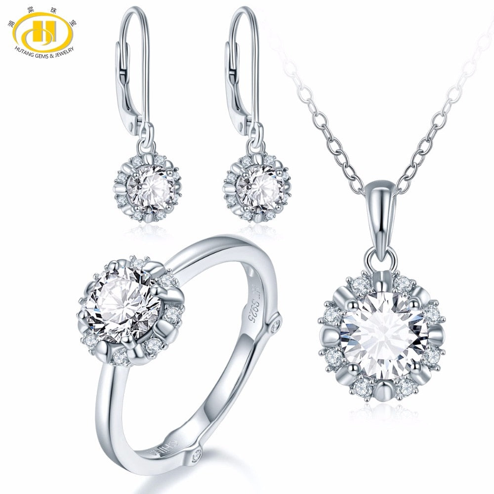 Hutang Natural April Birthstone Similar Diamond Solid 925 Sterling Silver Ring Pendant Earrings Gemstone Jewelry Sets Presents