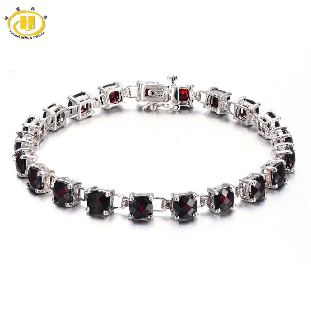 Hutang Natural Black Garnet Link Bracelet Solid 925 Sterling Silver for women Checkerboard Cut Gemstone Fine Jewelry 7