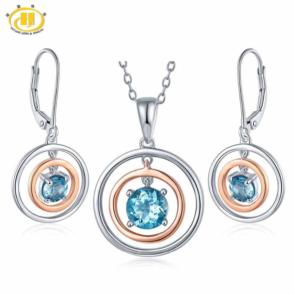 Hutang Natural Blue Topaz Bridal Jewelry Sets Solid 925 Sterling Silver Two-tone Pendant & Earrings Gemstone Fine Jewelry Gift