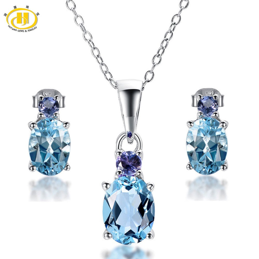 Hutang Natural Blue Topaz Necklacs Earrings for Women Silver 925 Jewelry Sets Tanzanite Gemstone Chokers Wedding Gift Free Chain