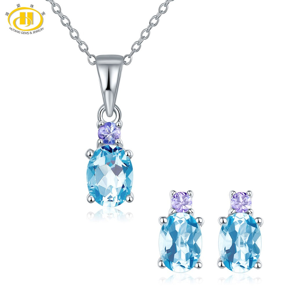 Hutang Natural Blue Topaz & Tanzanite Solid 925 Sterling Silver Bridal Jewelry Sets Earrings & Pendant Women's Gemstone Jewelry