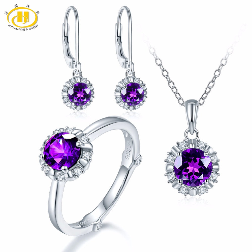 Hutang Natural February Birthstone Amethyst Solid 925 Sterling Silver Ring Pendant Earrings Gemstone Jewelry Sets Presents Gift