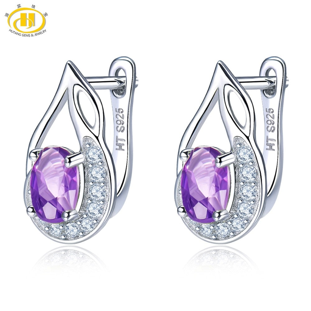 Hutang Natural Gemstone Amethyst Clip Earrings Solid 925 Sterling Silver Fine Fashion Stone Jewelry For February Birthd Gift