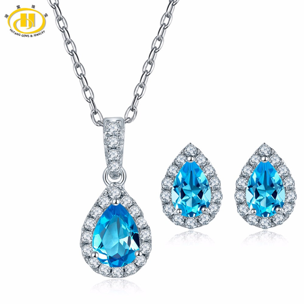 Hutang Natural Gemstone Blue Topaz Solid 925 Sterling Silver Pendant & Earrings Fine Jewelry Sets For Women's Gift 2020 NEW