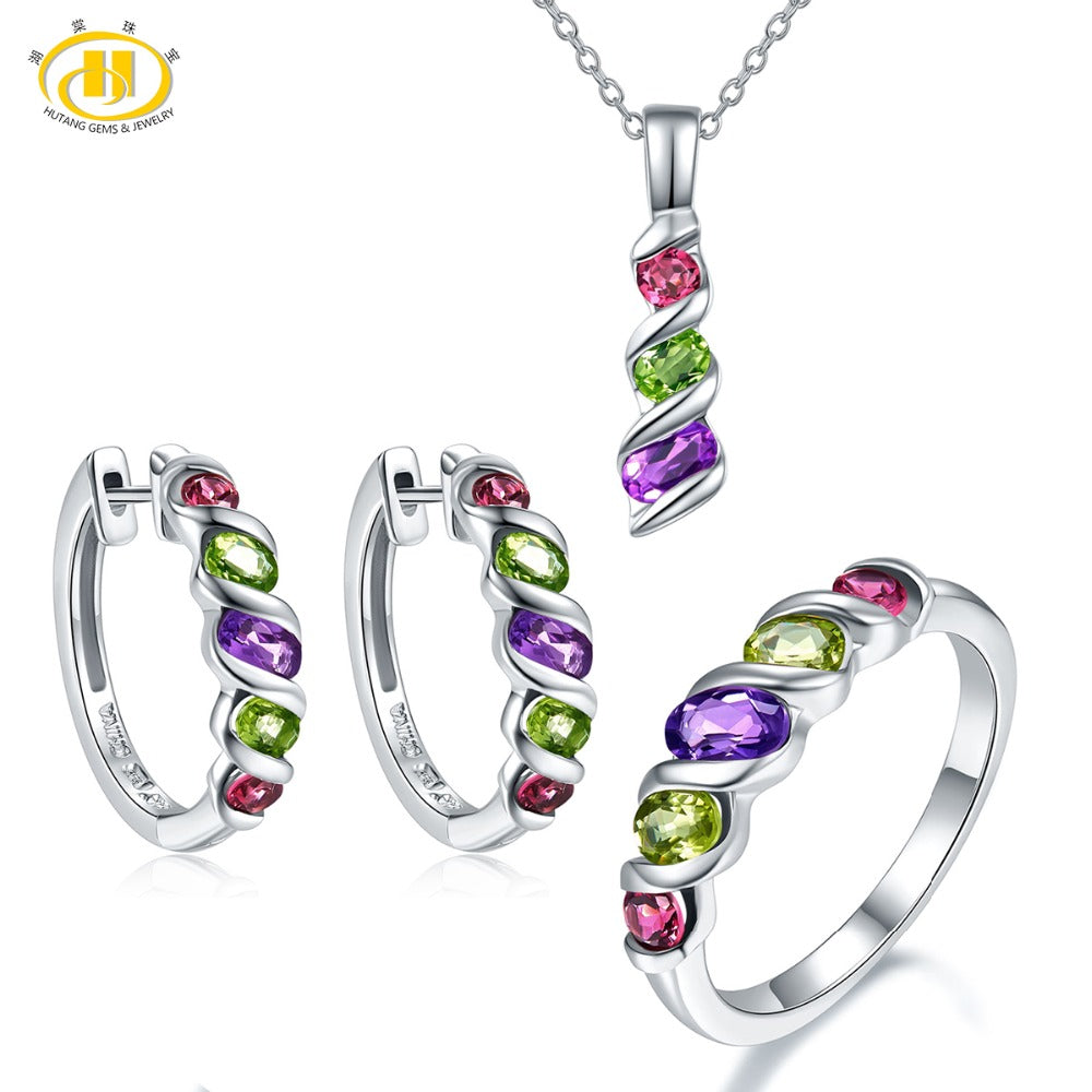 Hutang Natural Gemstone Ring Pendant Earrings Jewelry Sets Solid 925 Sterling Silver Amethyst Garnet Fine Fashion Stone Jewelry