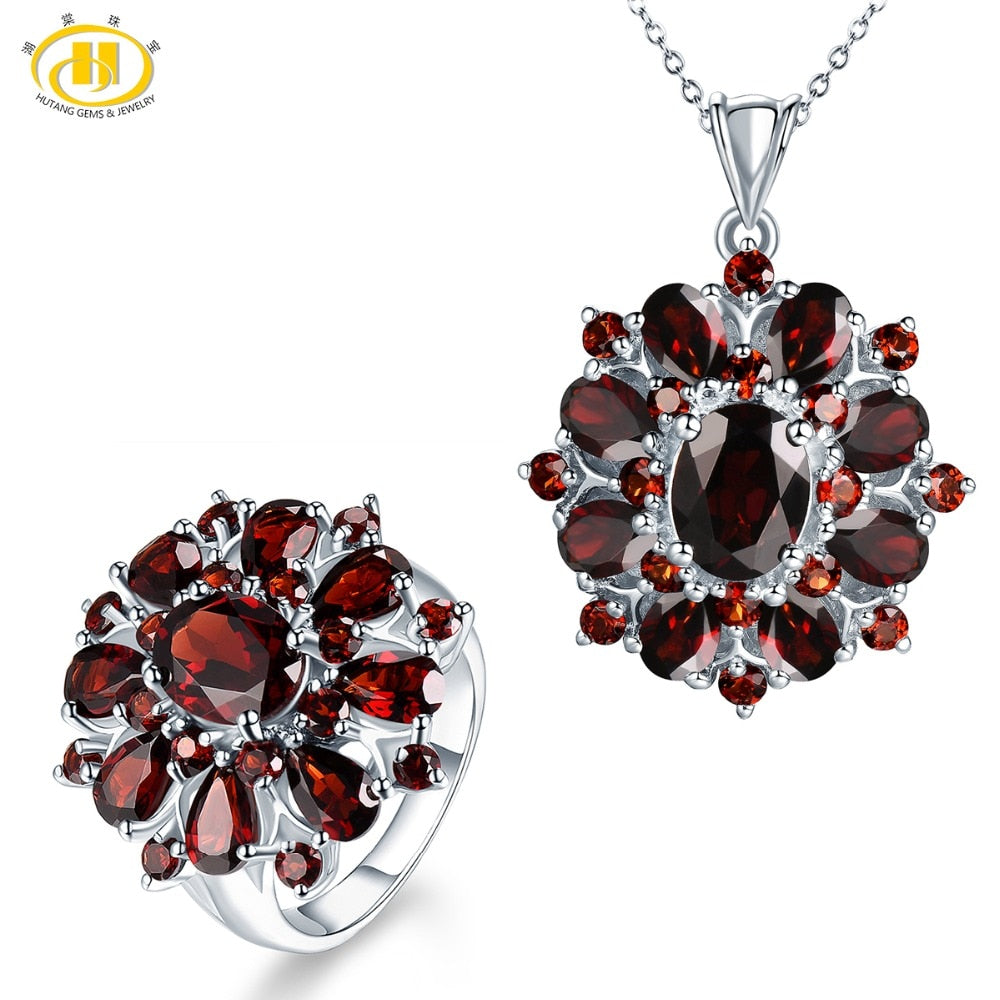 Hutang Natural Gemstone Silver Ring Pendant Jewelry Sets Solid 925 Sterling Silver Garnet Fine Fashion Stone Jewelry For Gift