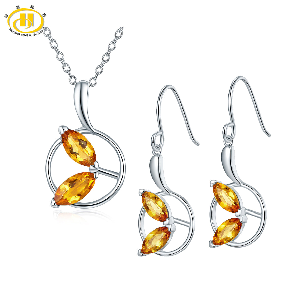 Hutang Natural Golden Citrine Jewelry Sets 925 Sterling Silver Earrings Pendant Gemstone Fine Quality Jewelry Women's 2020