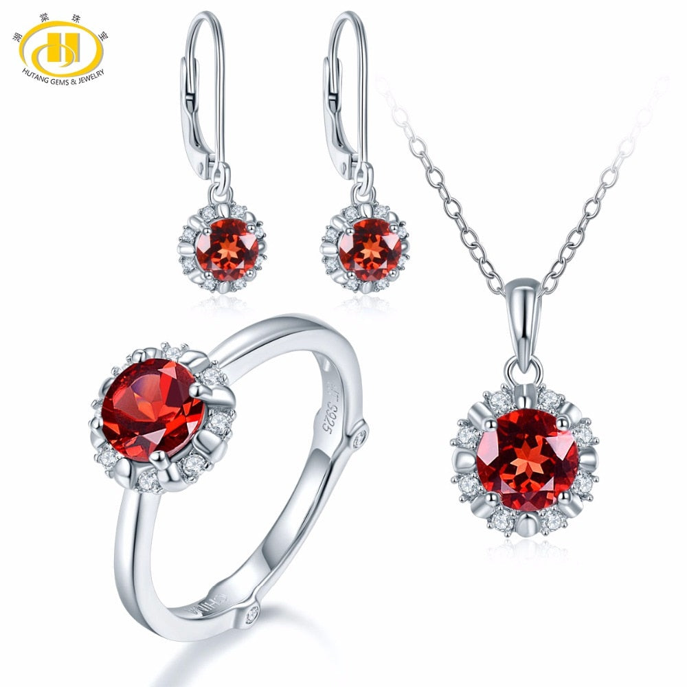Hutang Natural January Birthstone Garnet Solid 925 Sterling Silver Ring Pendant Earrings Gemstone Jewelry Sets Presents Gift