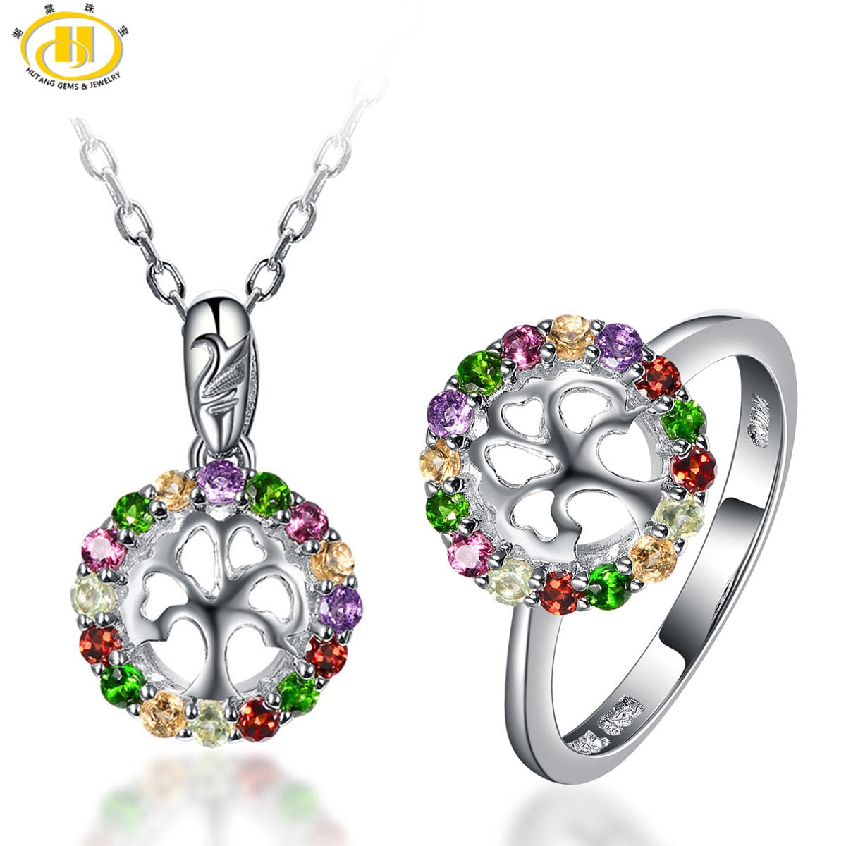 Hutang Natural Multi-color Gemstones Family Tree Jewelry Sets Solid 925 Sterling Silver Ring & Pendant Fine Jewelry For Women