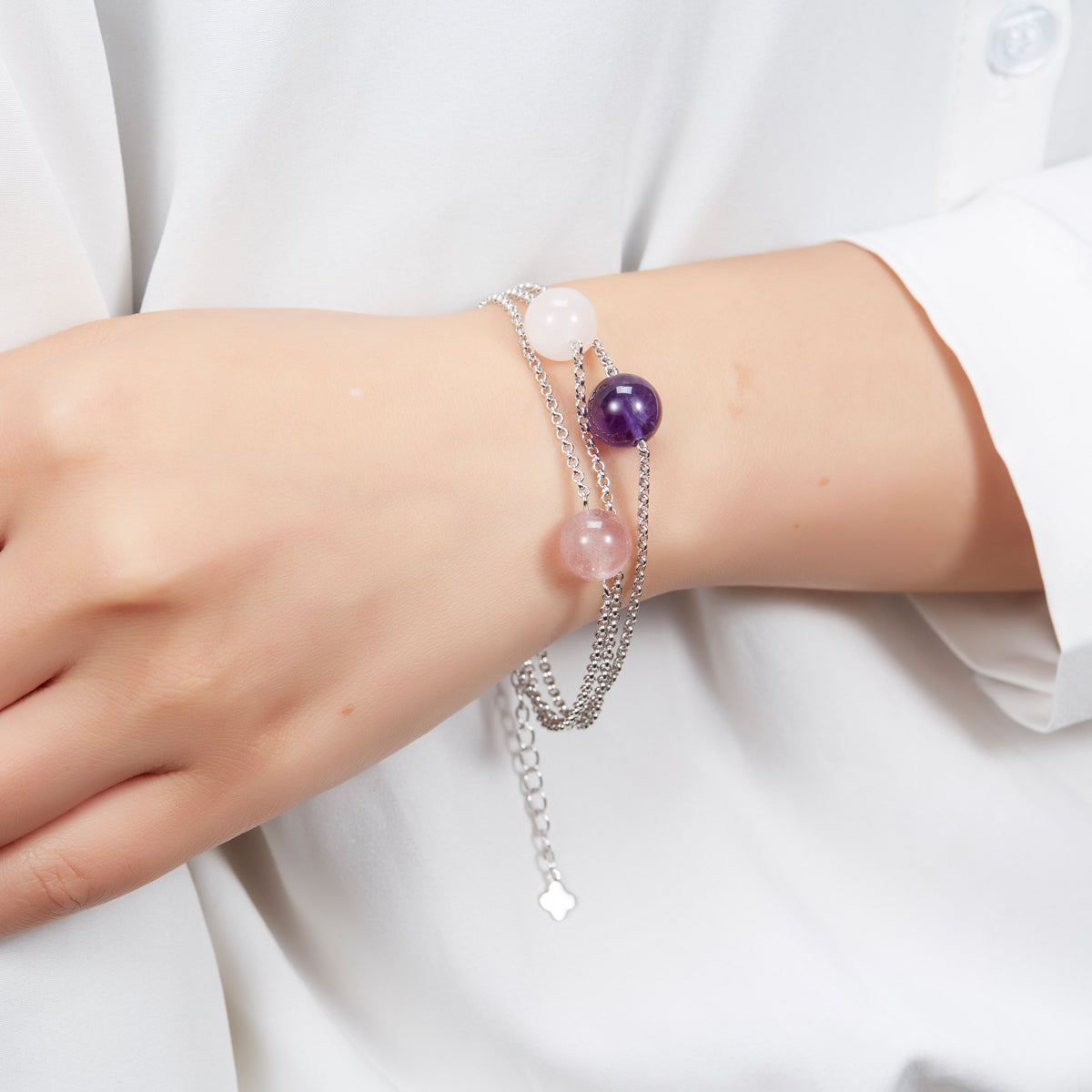 Hutang Natural Rose Quartz Amethyst Beads Link Bracelet Solid 925 Sterling Silver Fine Jewelry Christmas New Year Gift for 2020