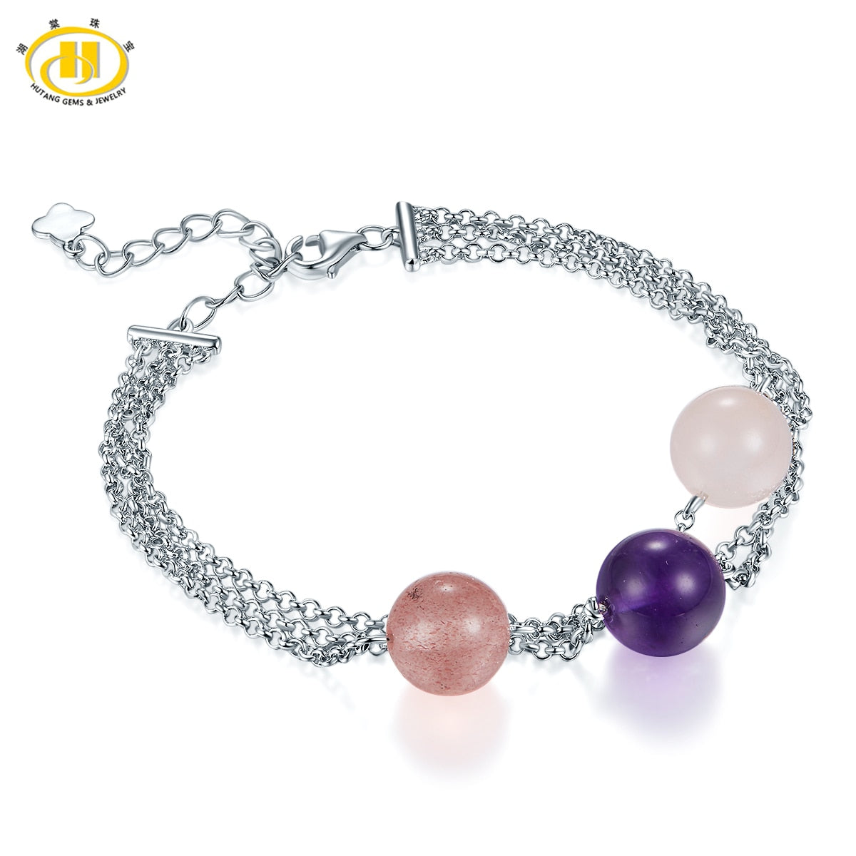 Hutang Natural Rose Quartz Amethyst Beads Link Bracelet Solid 925 Sterling Silver Fine Jewelry Christmas New Year Gift for 2020