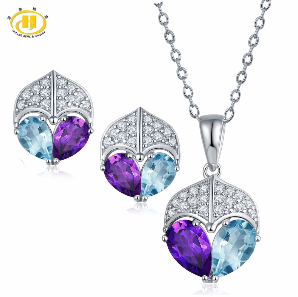 Hutang Natural Sky Blue Topaz Amethyst Jewelry Sets Solid 925 Sterling Silver Pendant & Earrings Gemstone Fine Jewelry For Women