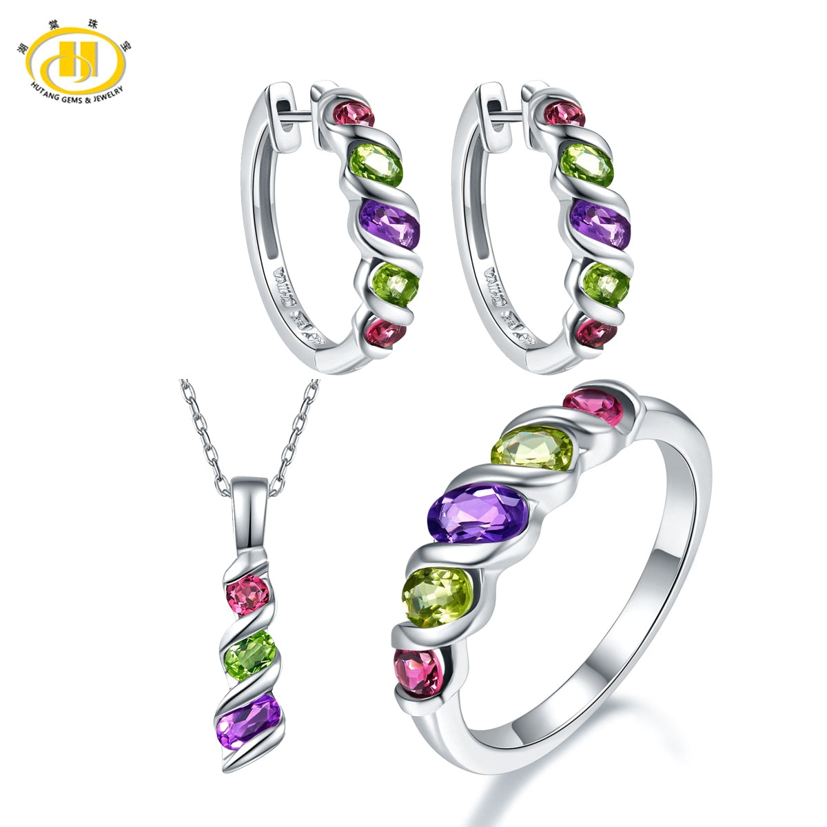 Hutang New Fashion Design Colorful Gemstone Jewelry Sets for Women Solid 925 Sterling Silver Jewellry Ring Pendant Earrings Gift