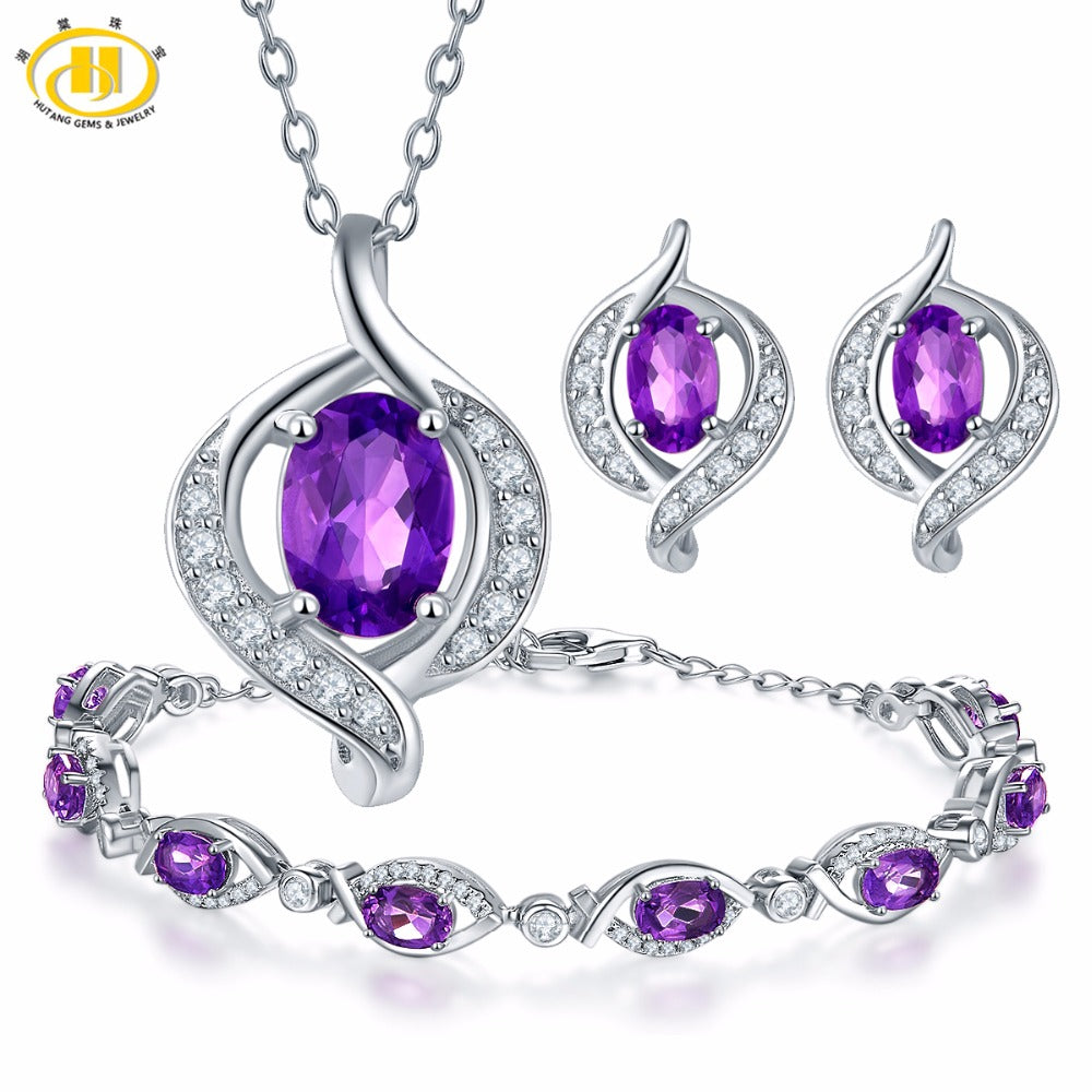 Hutang Pendant & Earrings & Bracelet Natural Gemstone Amethyst Solid 925 Sterling Silver Fine Jewelry Sets For Women's Gift