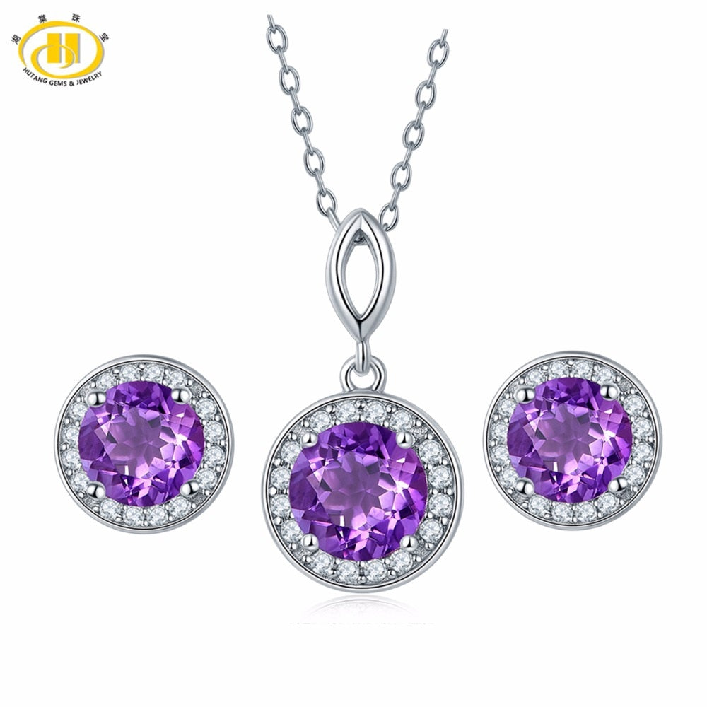 Hutang Pendant Earrings Natural Gemstone African Amethyst Solid 925 Sterling Silver Fine Bridal Stone Jewelry Sets For Gift New
