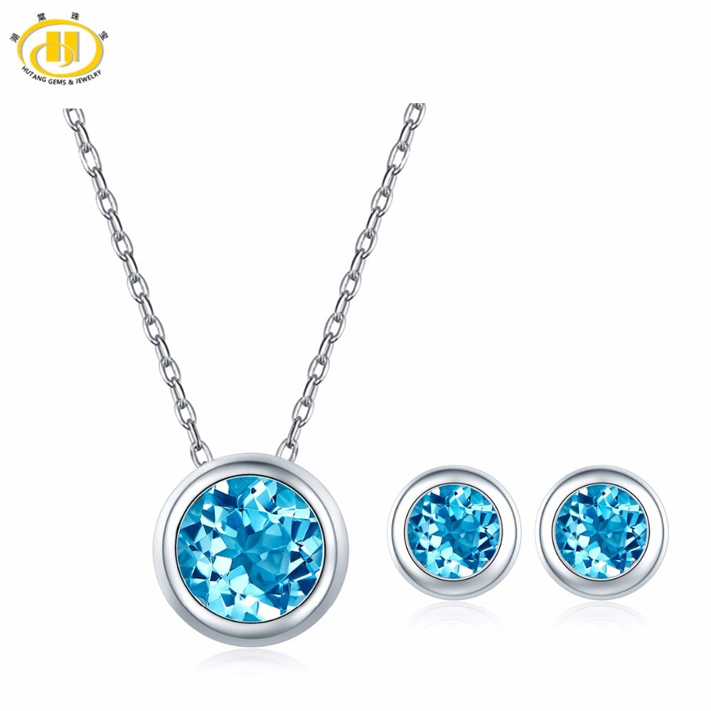 Hutang Pendant & Earrings Natural Gemstone Blue Topaz Solid 925 Sterling Silver Fine Jewelry Sets For Women's Gift 2020 NEW