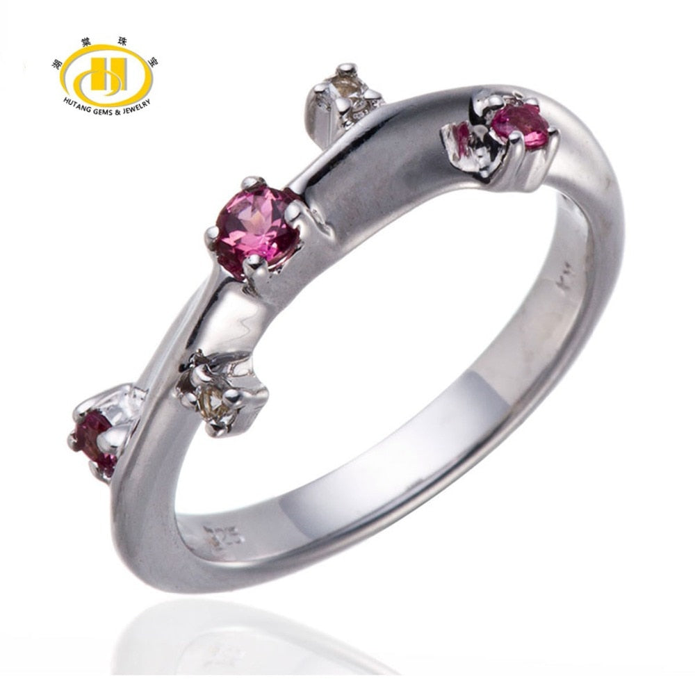 Hutang Pink Tourmaline & White Topaz Gemstone Solid 925 Sterling Silver Band Ring Beautiful Design Fine Jewelry