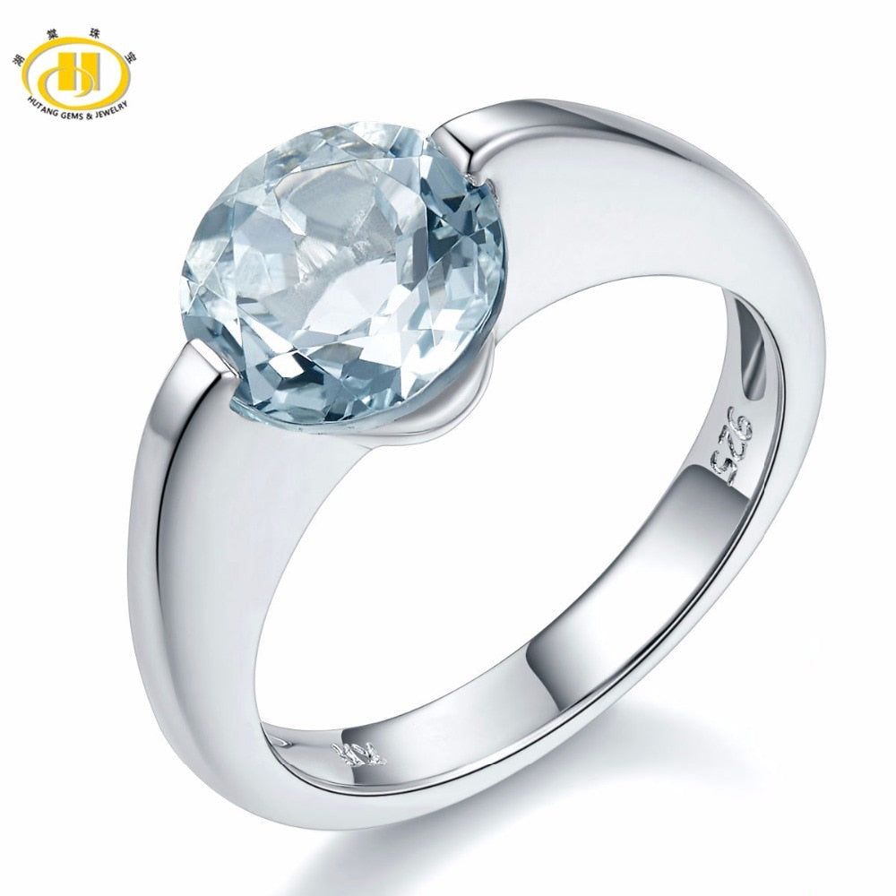 Hutang Real Gemstone Aquamarine Solid 925 Sterling Silver Solitaire Ring Love Gift Fine Stone Jewelry Engagement Best Sale