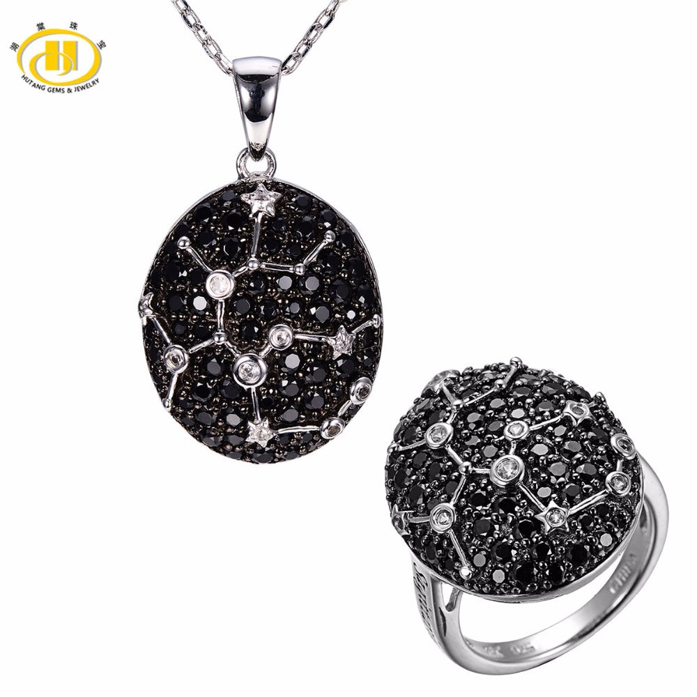 Hutang Sagittarius Black Spinel Pendant & Ring Solid 925 Sterling Silver Fine Jewelry Sets For Gift 23th Nov Until 21th December